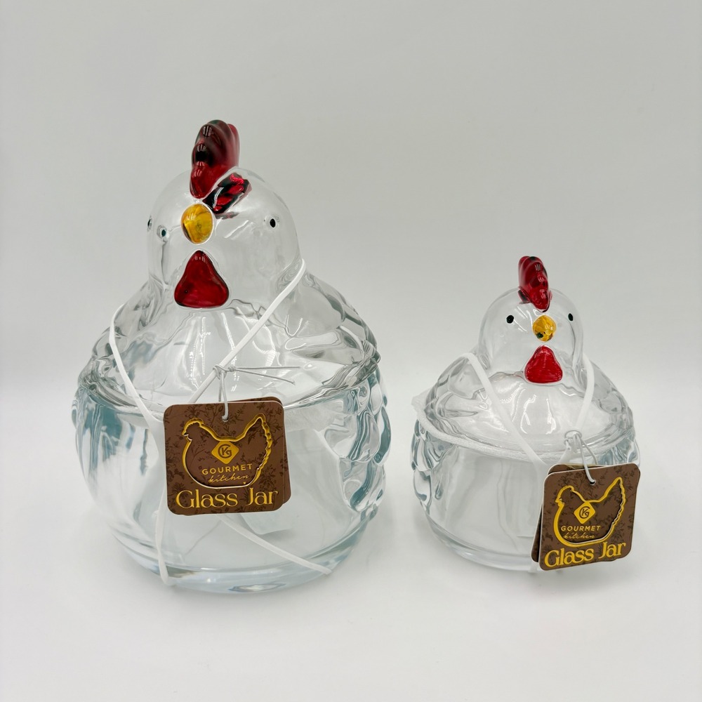 Gourmet Kitchen Glass Chicken Jar Set of 2 Clear Hen Canisters Farmhouse Decor